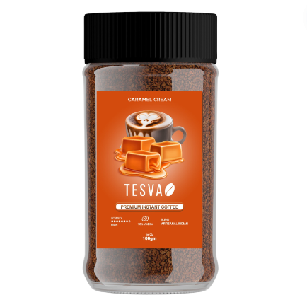 Tesva Instant Coffee, Caramel, 100gm, Granule, Glass Bottle